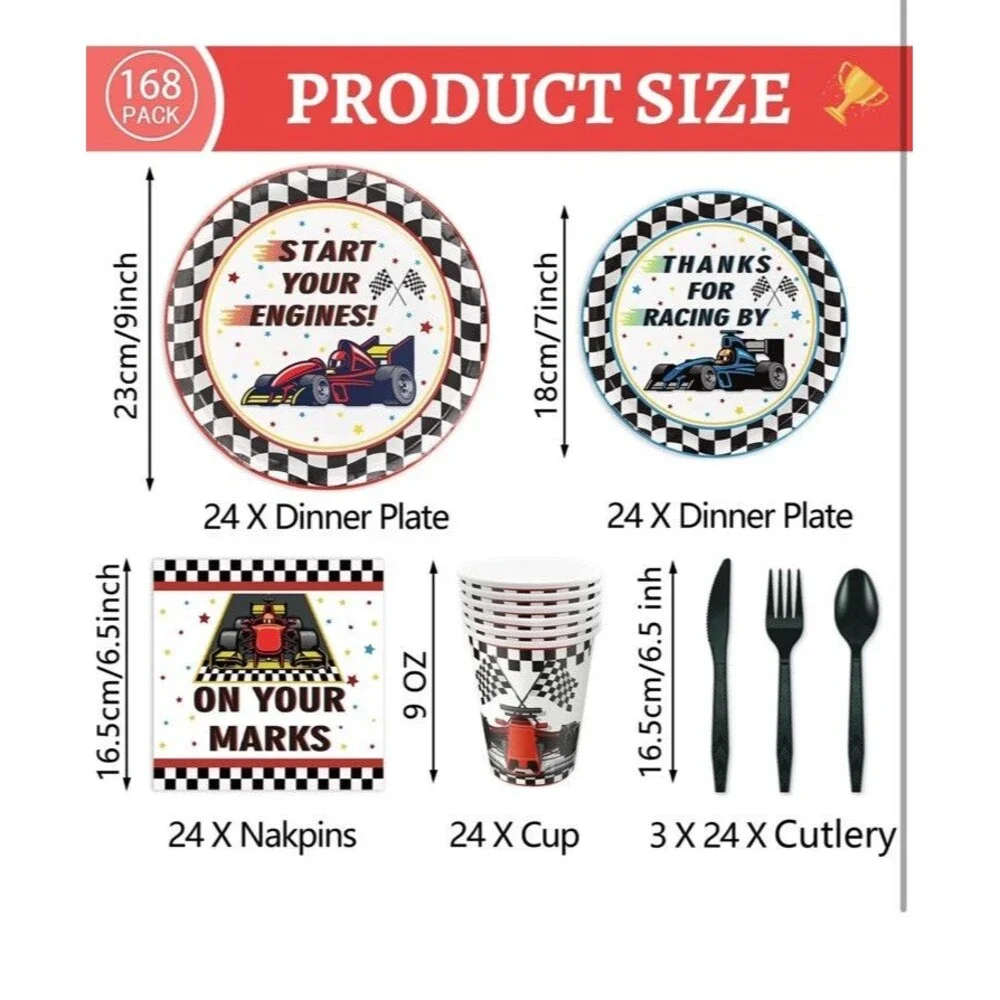168Pcs Race Car Birthday Party Supplies Serves 24 Guests Plates Napkins Cu...